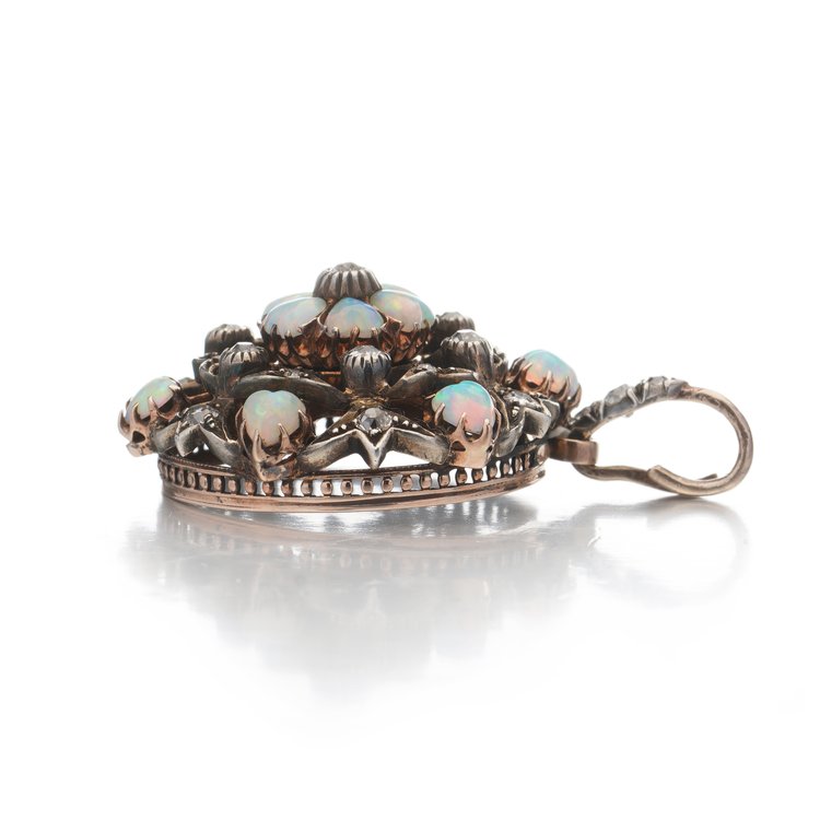 Antique Edwardian Opal Hearts and Old Cut Diamond Pendant