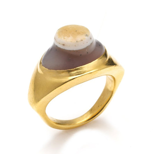 Antique 22ct Yellow Gold Ring with white and grey hardstone bearing Greek lettering