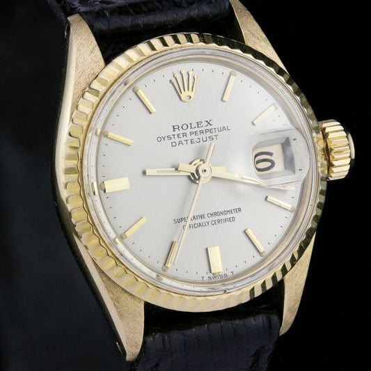 Vintage Rolex Ladies Datejust 18ct Yellow Gold Automatic Watch with Rare Silver Dial, Ref 6517-8, on original Rolex leather strap, Circa 1969