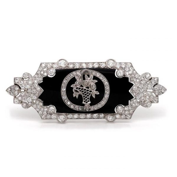 Antique Art Nouveau Black Onyx and Old Cut Diamond Plaque Brooch in Platinum, with a flower basket design to the centre