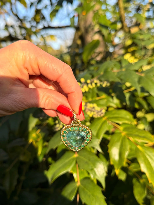 F. Moroni 18 Carat Gold Green Tourmaline And Emerald Pendant, 1970's