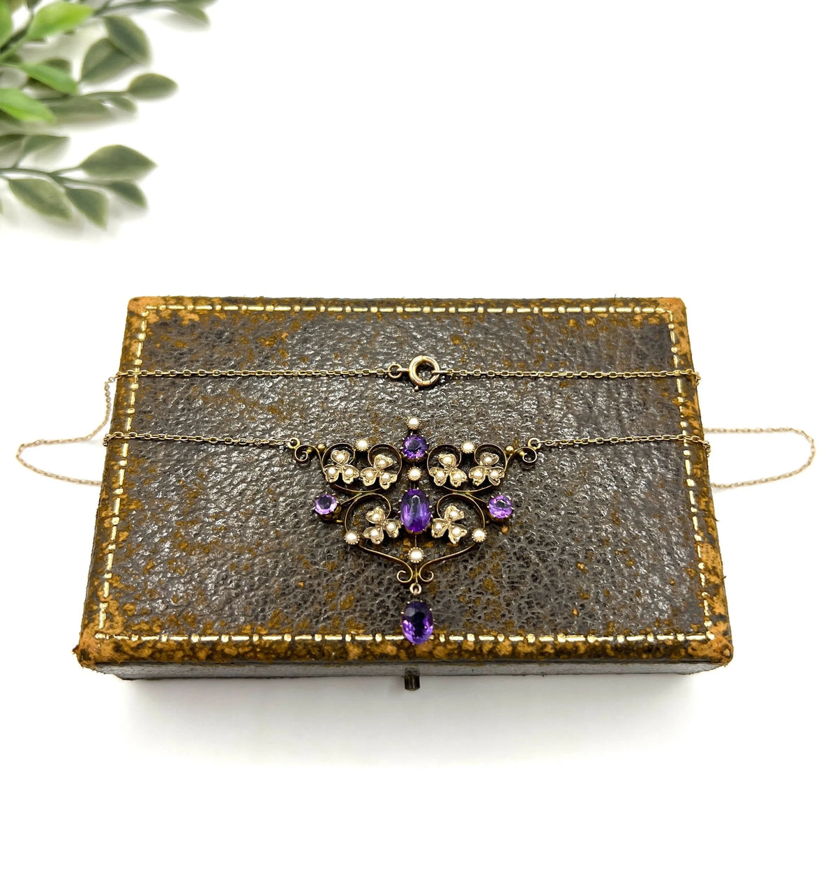 Antique 9 Carat Rose Gold Amethyst and Seed Pearl Pendant Necklace