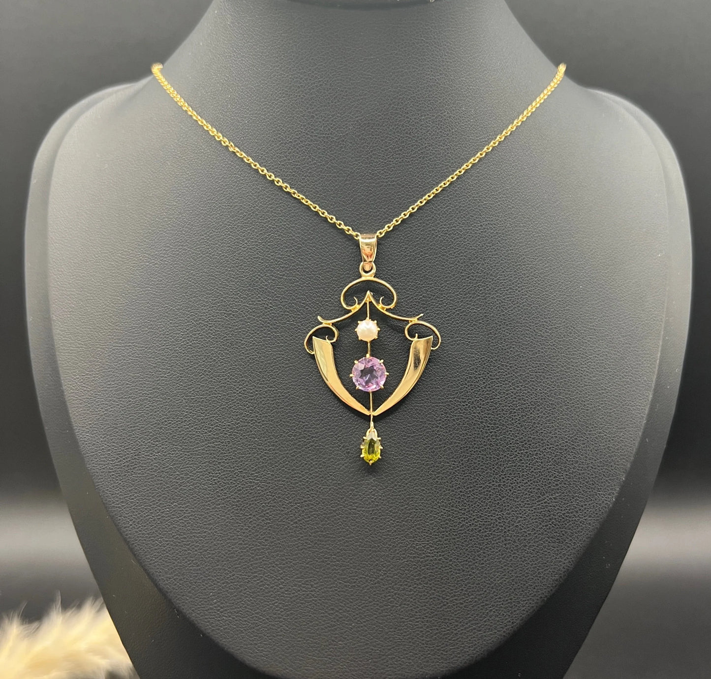 Antique 9ct Gold, Edwardian Amethyst, Pearl & Peridot Suffragette Pendant