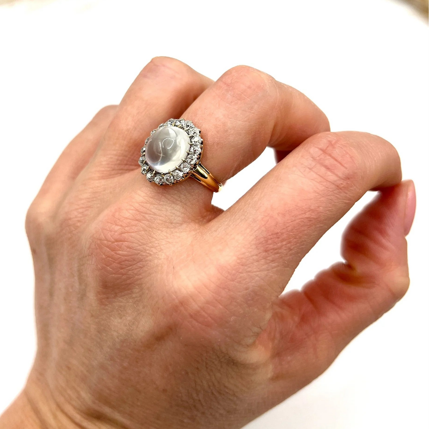 Victorian Antique Cabochon Moonstone and Diamond Cluster Ring