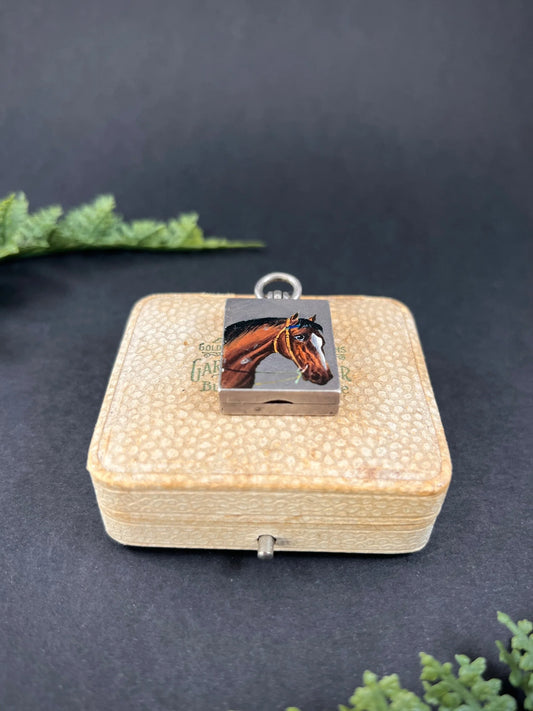Antique French Silver, Edwardian Era Rectangular Enamel Horse Locket, Heirloom Gift