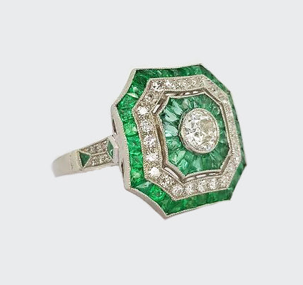 Art Deco Style Emerald and Diamond Cluster Square Cocktail Ring, mounted in platinum.