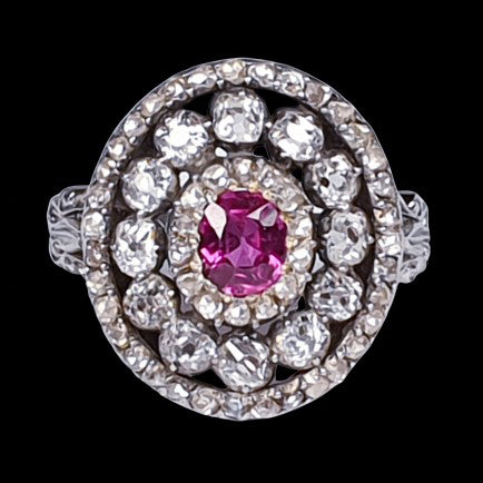Antique 0.90ct Oval Ruby and 3.40ct Old Mine Cut and Rose Cut Diamond Cluster Dress Statement Ring