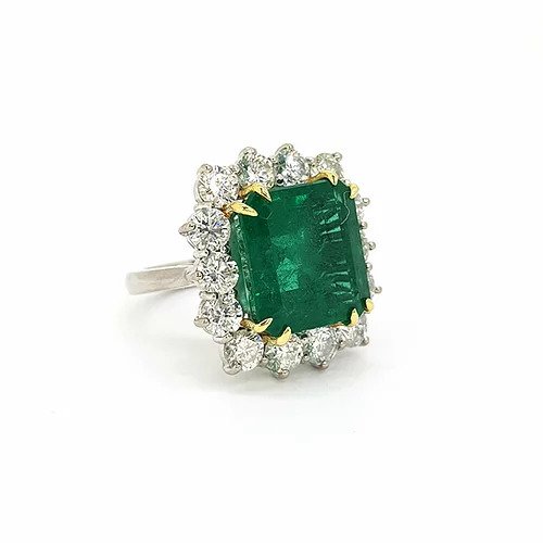 Certified 10.41ct Octagonal Zambian Emerald and Diamond Cluster Ring
