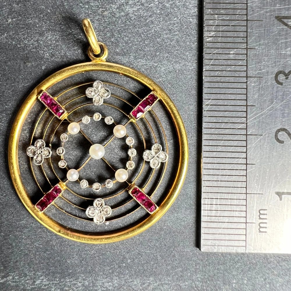 Edwardian Antique Natural Pearl Ruby Diamond Target Pendant
