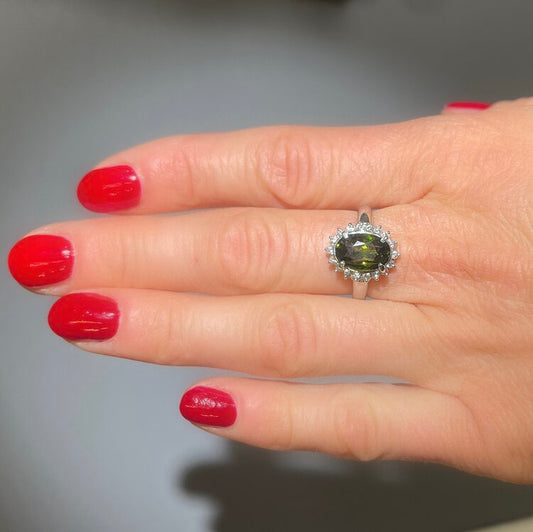 Vintage 3.29ct Peridot and Diamond Oval Cluster Ring in Platinum