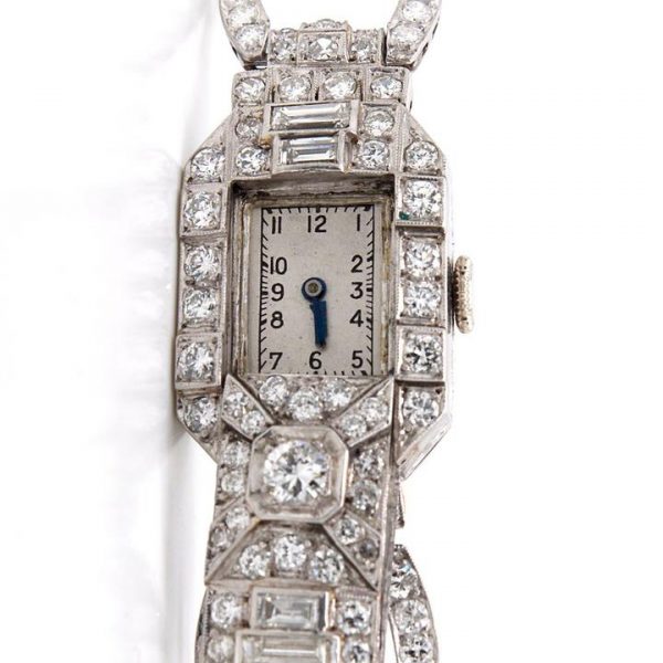 Art Deco 7ct Diamond and Platinum Bracelet Cocktail Watch, Circa 1930s