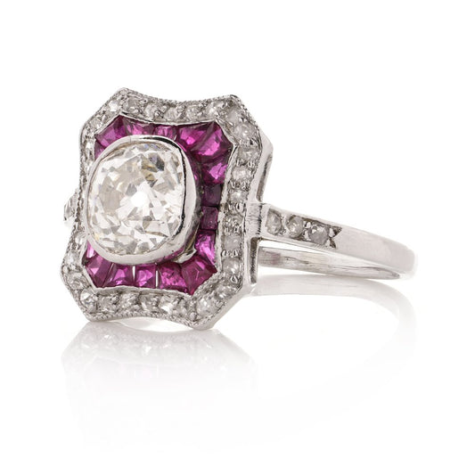 Art Deco 1.50 Old Mine Cut Diamond and Ruby Cluster Ring in Platinum