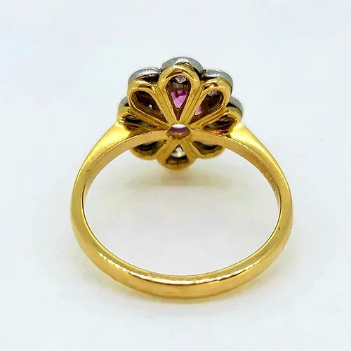 1.50ct Pink Sapphire and Diamond Floral Cluster Engagement Ring, oval pink sapphire surrounded by 1ct sparkling diamonds in timeless flower cluster design in 18ct yellow gold