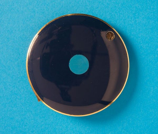 Vintage French 1970s Blue and Turquoise Enamel Compact Mirror, with circle motifs of blue and turquoise enamel, original velvet case, Signed