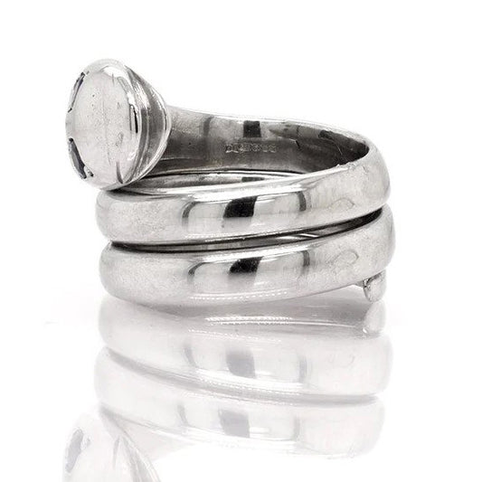 Vintage White Gold Coiled Snake Ring with Sapphire Eyes