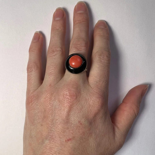 Vintage French Coral and Black Lacquer Target Ring in Silver with foliate decoration, Circa 1930