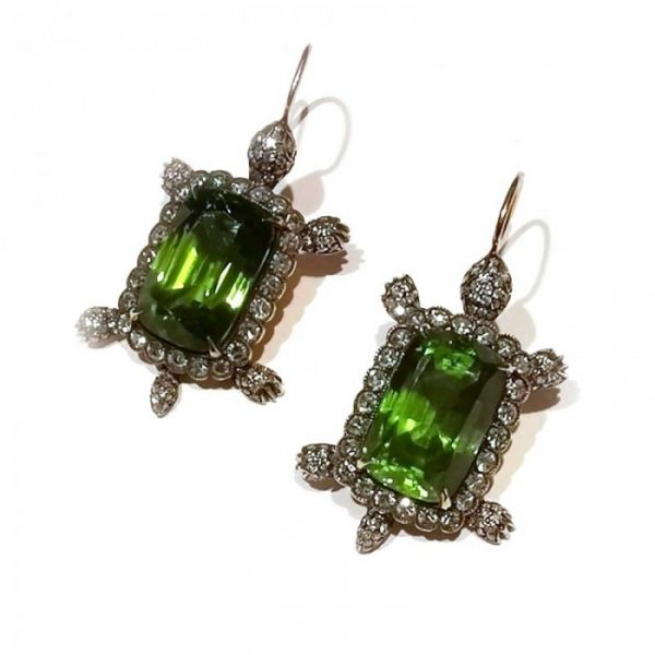 Peridot and Diamond Turtle Earrings, 30.48 carats