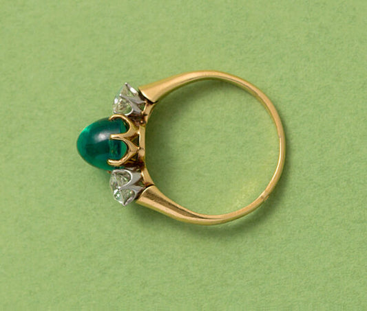 Antique Victorian 2ct Cabochon Emerald and Diamond Three Stone Ring