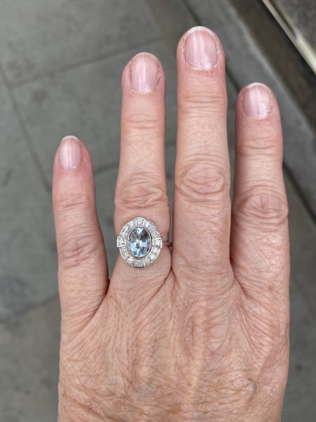 Aquamarine and Diamond Oval Cluster Ring in Platinum