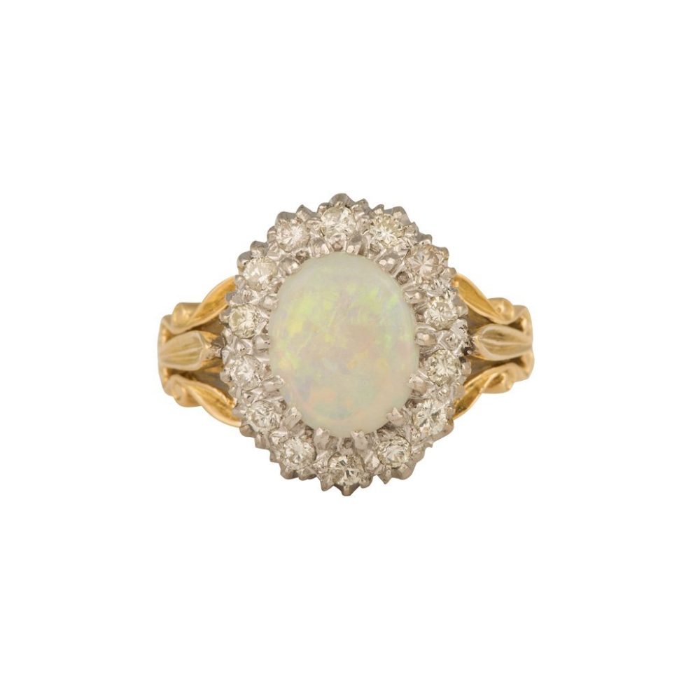 18ct Yellow Gold Oval Opal & Diamond Cluster Ring