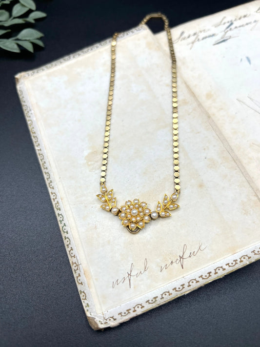 Antique 15 Carat Yellow Gold Floral Pearl Collar Necklace, Circa 1900