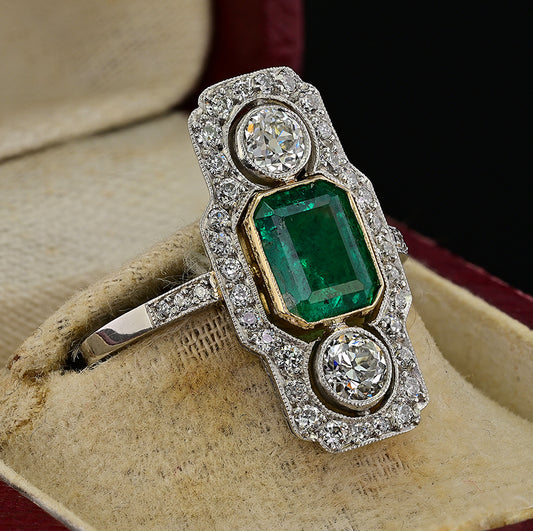Art Deco 1.32ct Colombian Emerald and Diamond Three Stone Plaque Ring in Platinum