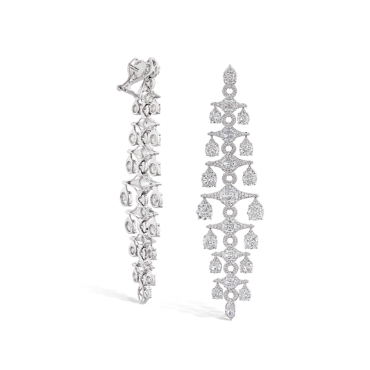 Old Mine Cut Diamond Chandelier Drop Earrings; set with graduating old mine-cut and round brilliant-cut diamonds, 21.60 carat total, mounted in lightly hammered 18ct white gold
