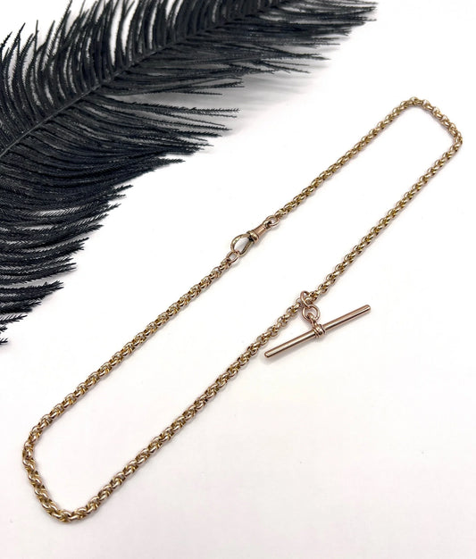 Antique 9ct Gold, Edwardian Round Fancy Belcher Link Chain with Moveable T-bar