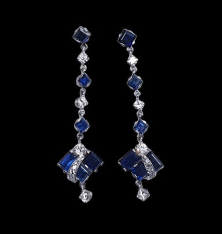 Vintage 1950s Geometric Sapphire and Diamond Drop Earrings, 4.50 carats