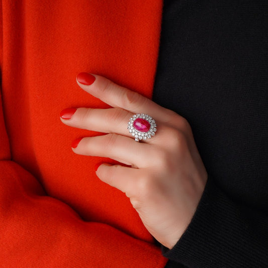 Vintage 6ct Cabochon Natural Ruby and Diamond Cluster Ring