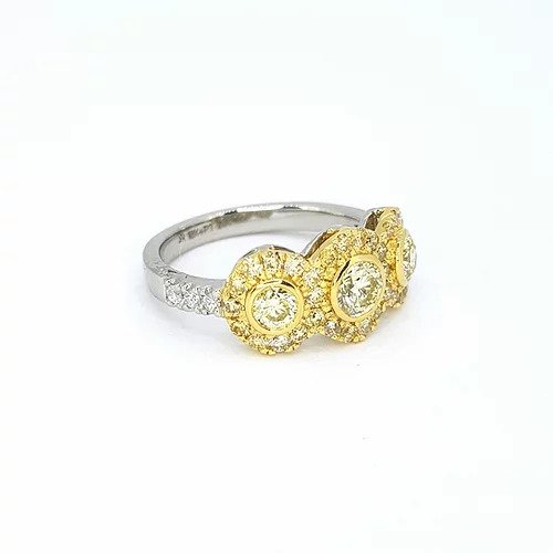 Fancy Yellow Diamond Triple Cluster Ring in Platinum, 1.25 Carats