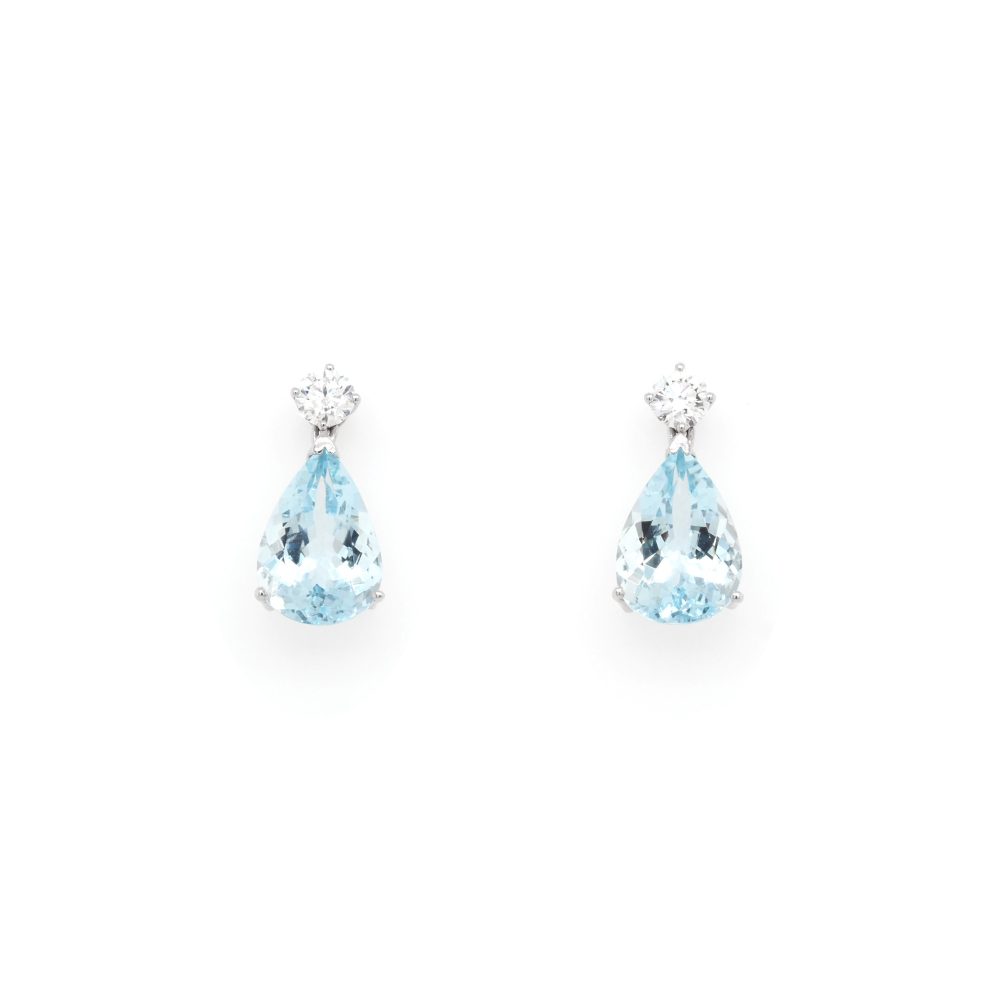 Pear Cut Aquamarine and Diamond Stud Drop Earrings In 18ct White Gold