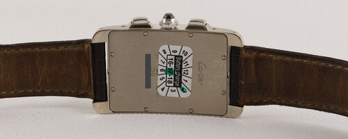Cartier Tank Americaine Gents 18ct White Gold 2312 Chronograph, white dial, Roman numerals, sapphire crystal, Quartz movement, brown leather strap, with Cartier box