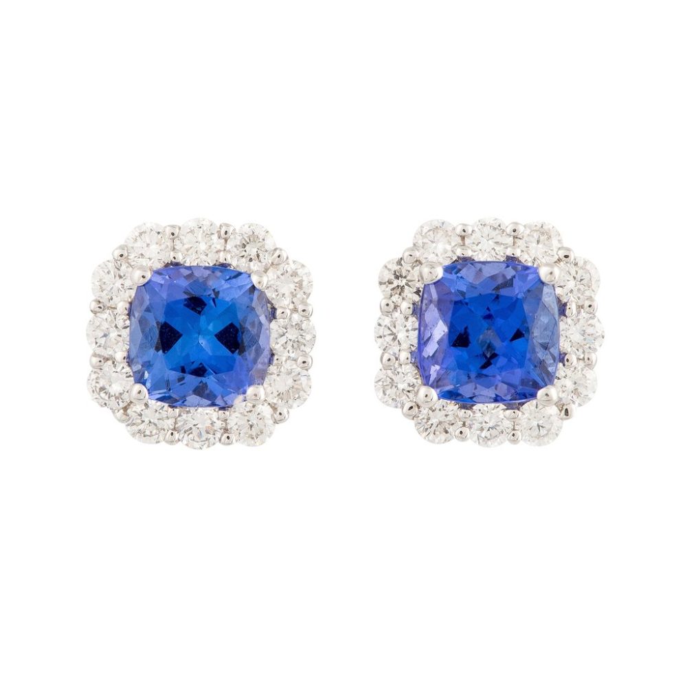 Tanzanite and Diamond Earrings December birthstone square shape