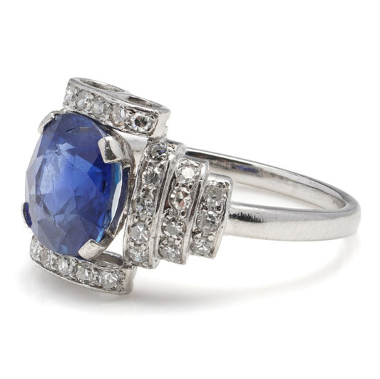Vintage 2.9ct Natural Ceylon Sapphire and Diamond Cluster Ring in Platinum