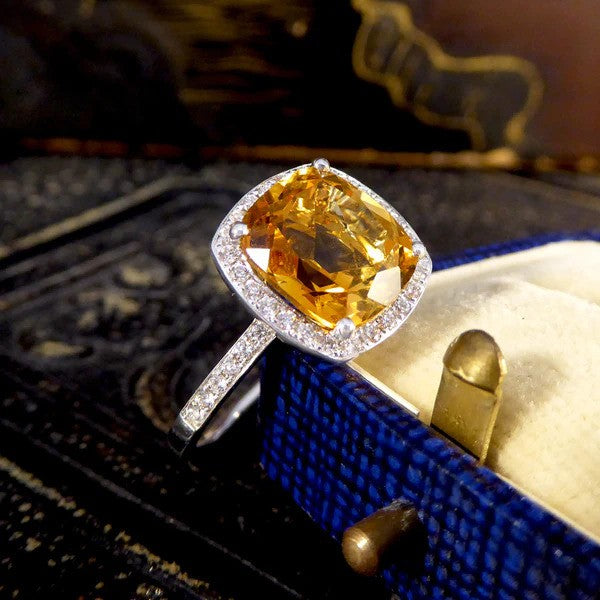 3.80ct Cushion Cut Citrine and Diamond Halo Cluster Engagement Ring