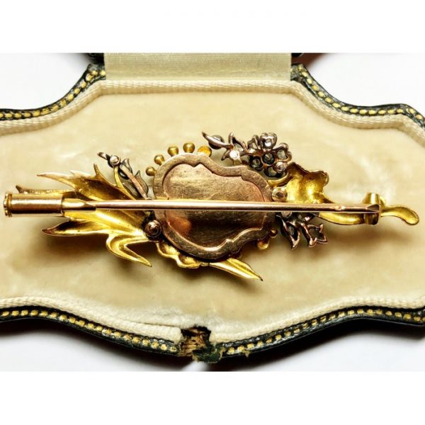 Antique French Diamond and Gold Portrait Brooch, Art Nouveau / Victorian, Circa 1890