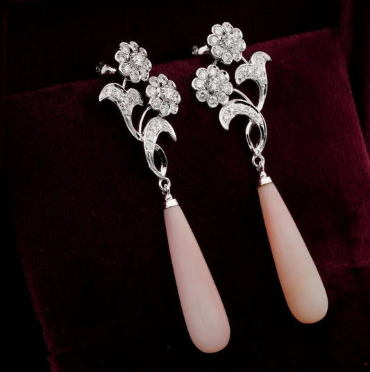 Vintage Natural Pink Opal and Diamond Swing Drop Earrings, 2.40 carats