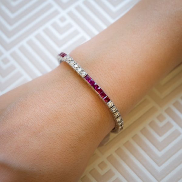 French Cut Ruby and Diamond Line Bracelet in Platinum, 23.50 carats