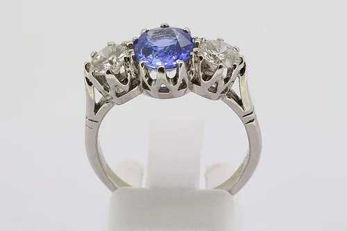 Sapphire and Diamond Three Stone Ring in Platinum, 2.05 carats
