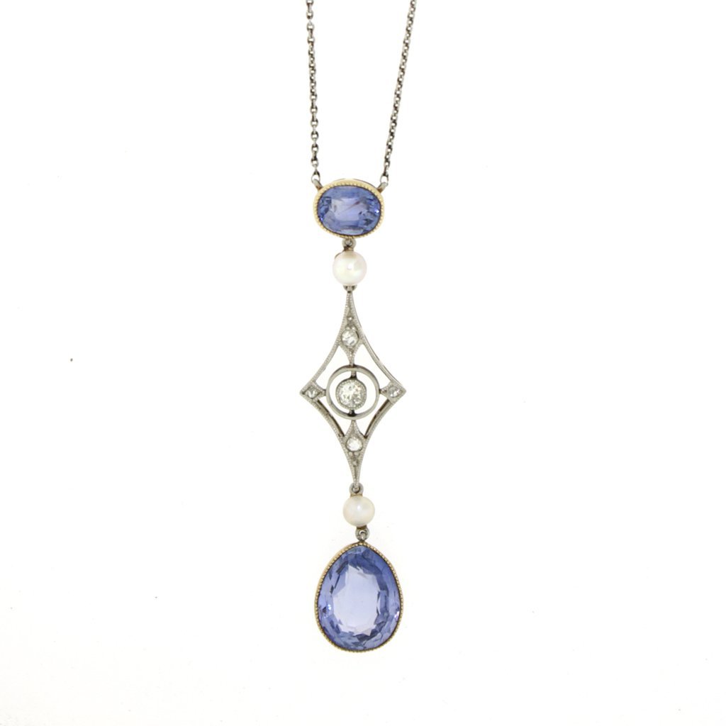 Antique Edwardian Sapphire, Diamond & Pearl Drop Pendant