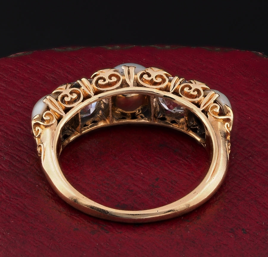 Antique Victorian 1.8ct Diamond and Natural Pearl Five Stone Ring