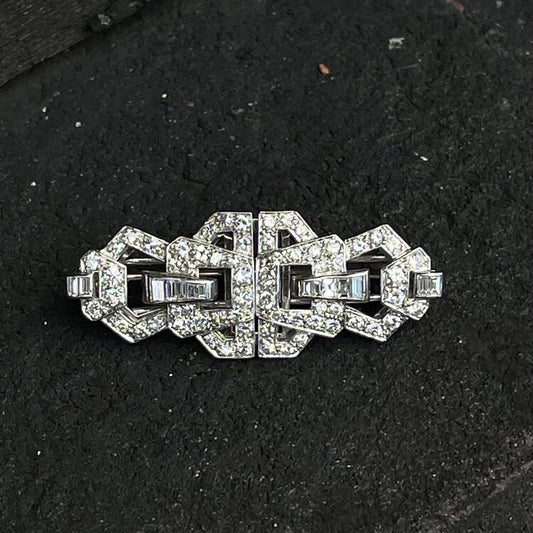 Vintage 1940s Diamond Double Clip Brooch in Platinum