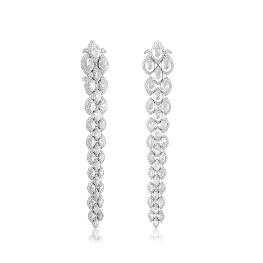 Contemporary Rose Cut Diamond Drop Earrings; set with rose-cut diamonds and round brilliant-cut diamonds in a tiered design, 17.20 carat total. Handcrafted from lightly hammered 18ct white gold