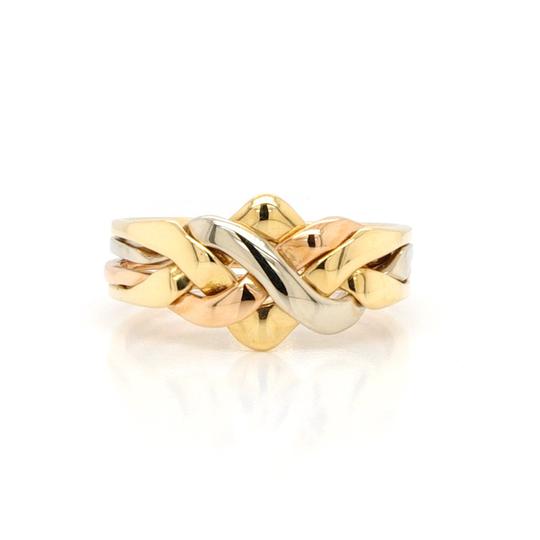 Vintage Puzzle Ring in 9ct Gold; A classic vintage tri-colour puzzle ring crafted from 9ct yellow, rose and white gold. Ring size: W 1/2.