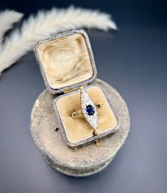 Antique 9 ct Yellow Gold, Victorian Sapphire And Diamond Marquise Navette Shaped Ring