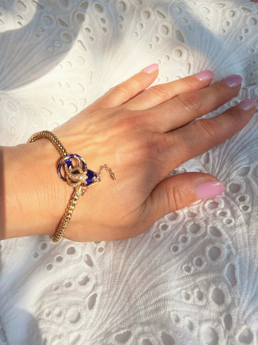 Victorian 20 ct Gold Snake Bracelet With Pearls, Ruby Eyes And Blue Enamel