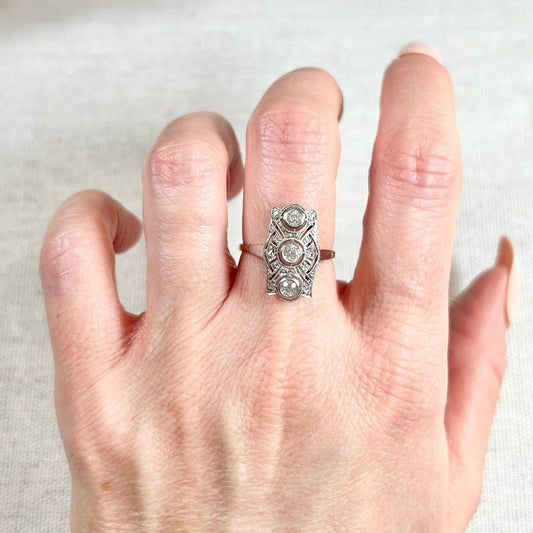 Edwardian Antique Old Cut Diamond Trilogy Cluster Plaque Ring in Platinum and 18ct Gold