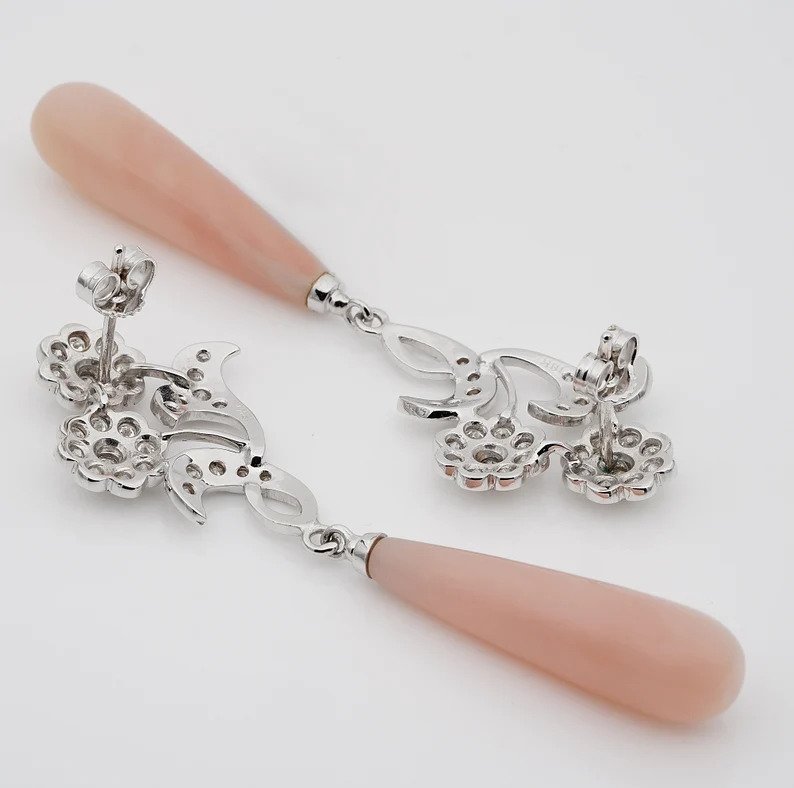 Vintage Natural Pink Opal and Diamond Swing Drop Earrings, 2.40 carats