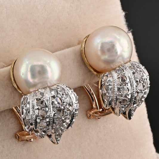 Vintage Buccellati Natural Pearl and Rose Cut Diamond Clip Earrings